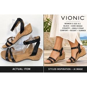 Vionic Black Snake Print Leather Wedge Sandals Strappy Orthotic Size 9.5‎